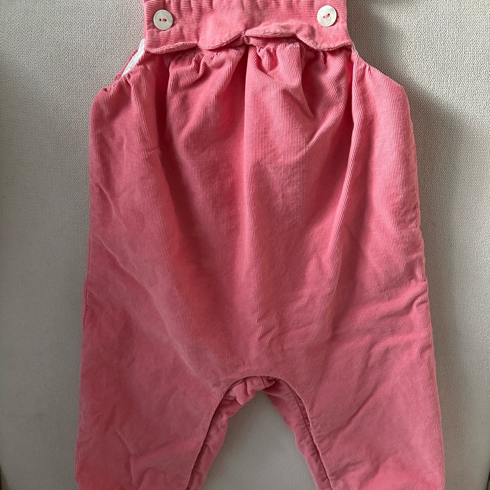 Jacadi Pink Corduroy Overalls with Scalloped Bib and Ivory Button Detail